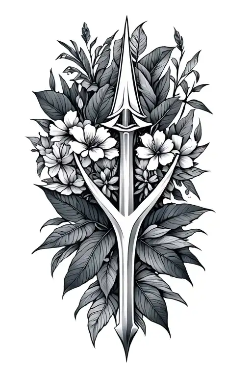 Trident With Jungles Leaves And Flowers Intertwined
