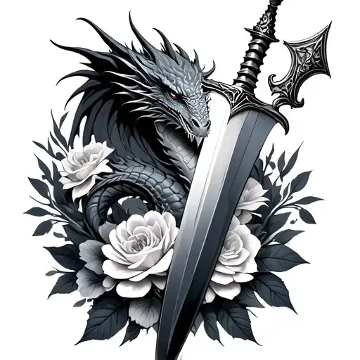 Fantasy Romance With Flowers Around A Dagger And Dragon