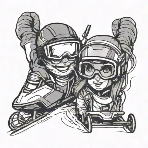 Snowmobile Goggles Looking At Dad And Daughter Holding Hands