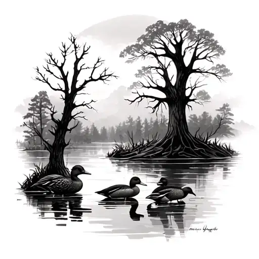 Landscape With 6 Ducks And Dead Trees Near A Body Of Water In Woods