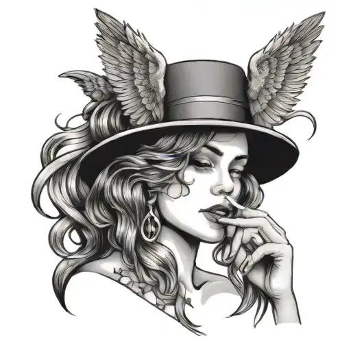 Woman Face With Cigarettes And Angels Eith Gun Intertwined