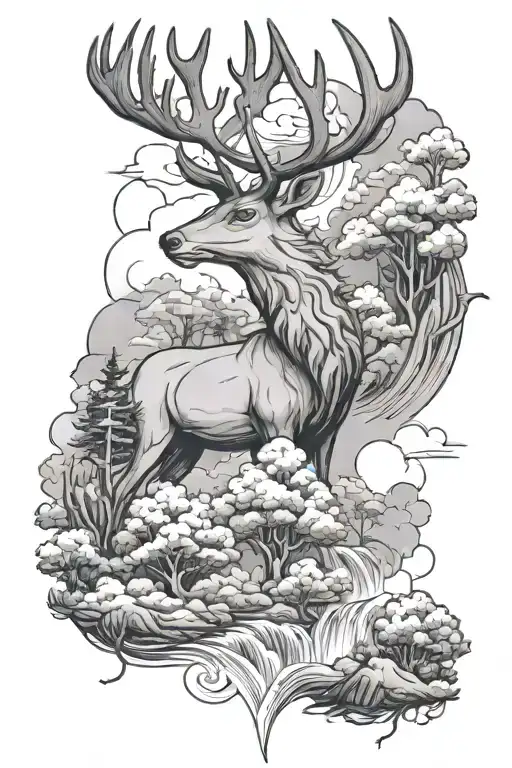 Clouds Trees Waterfalls Deer Head With Trees