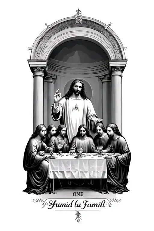 Tattoo That Says One Hunnid La Familia That Has Jesus At The Last Supper Table