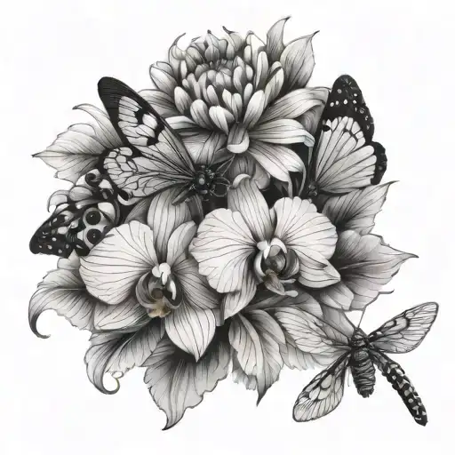 Orchid Dragonfly Chrysanthemums And Butterfly