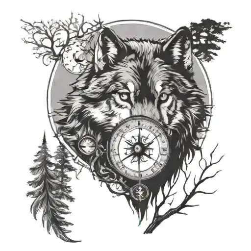 Wolf In Forest With Moon And Compass
