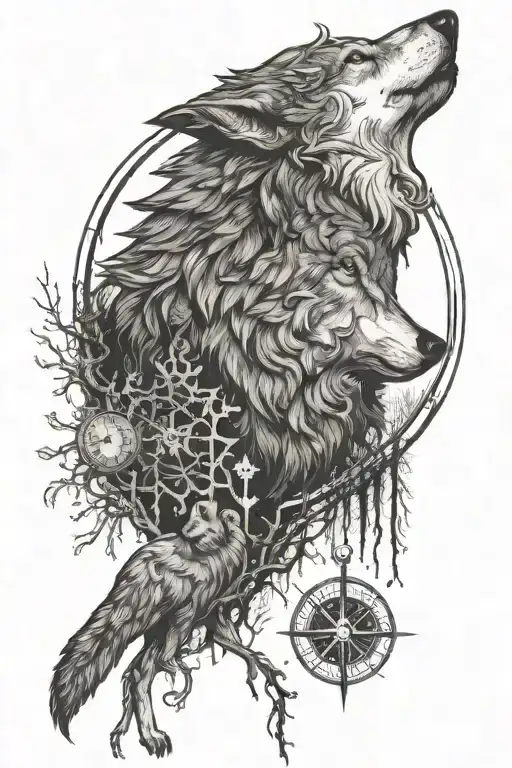 Wolf In Forest With Moon And Compass