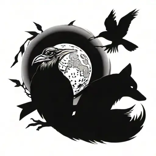 Crows Holding A Moon In Their Beaks And A Fox Watching