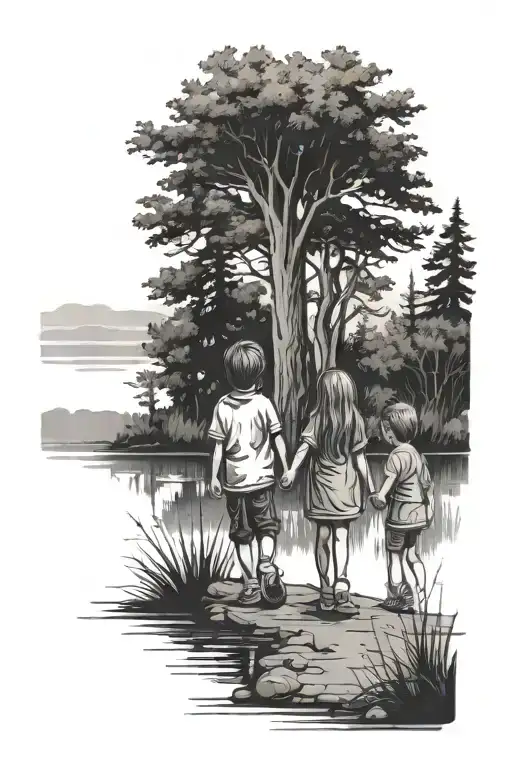 Big Sister Little Brother Holding Hands Walking Away Outdoors Lake Trees