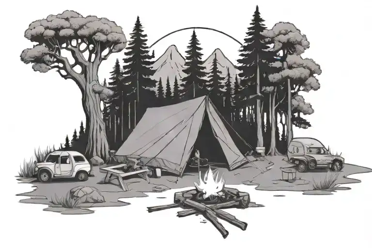 Camping Scene With A Cross In The Centre