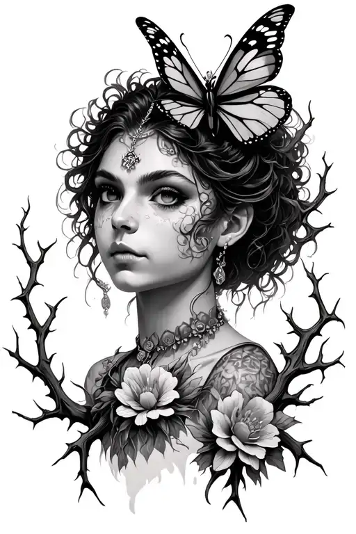 Gargona With A Butterfly Necklace And Branches With Thorns And Flowers On The Sides