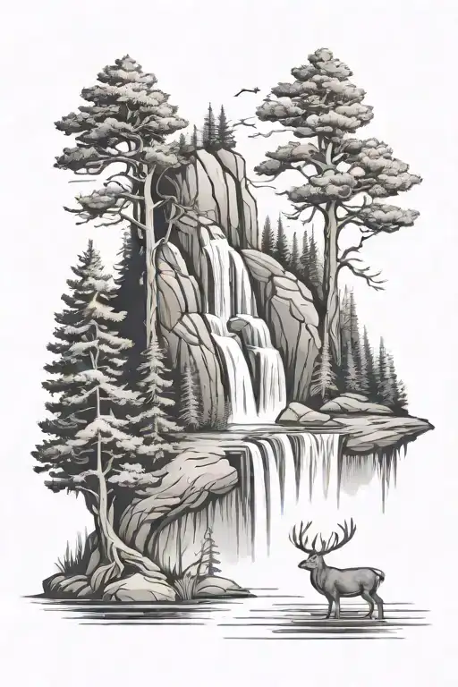 Waterfall Pine Trees Lake Deer River Winding
