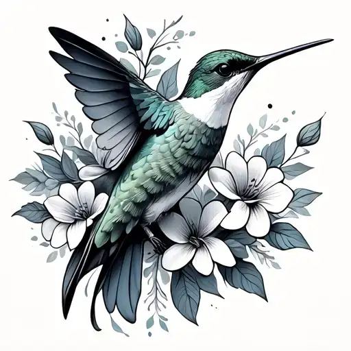 Hummingbird With Flowers Around Flowing Tail