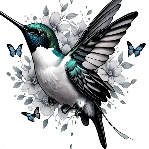 Hummingbird With Butterflys Around Long Tail