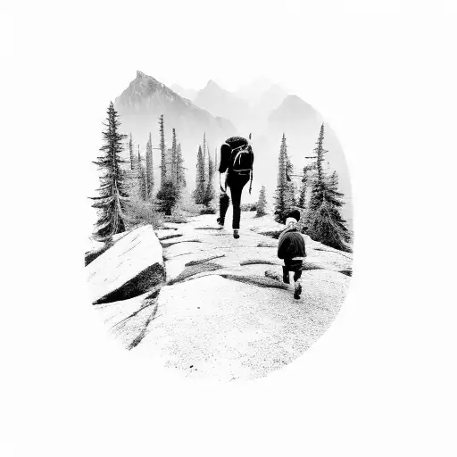 A Father And Son Hiking Up A Mountain Together