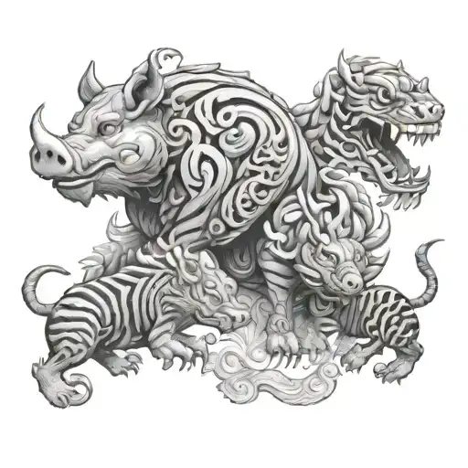 Chinese Zodiac Wood Pig With Earth Tiger And Two Wood Dragons