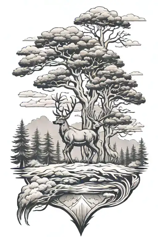 Deer Pine Trees Clouds Forest Scene With A Native American