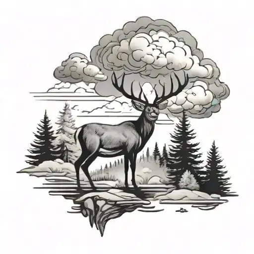 Forest Lake Clouds Surrounding Deer
