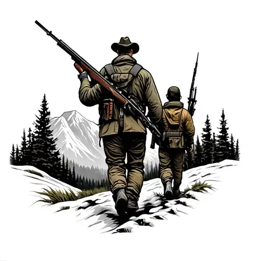 Father Son Hunting Rifle Walking In Mountains