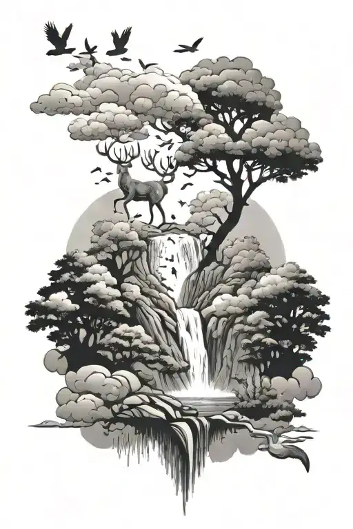 Deer Clouds Trees Waterfall Birds Flying