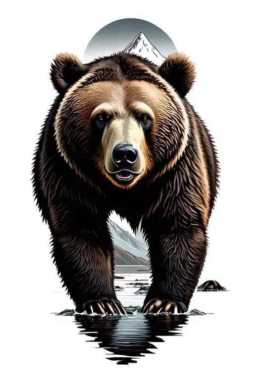 Realism Grizzly Standing In Stream Mountain Background