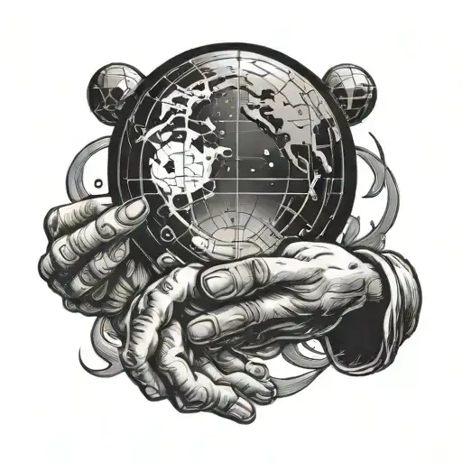 Two Hands In Top Of A Globe Controlling The Planet And Evil Eyes Over The Top