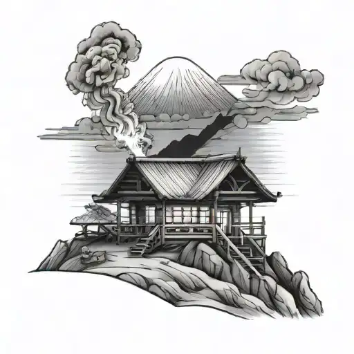 Fire Samuri On Mount Fugi With Hut In The Background Looking At Sunset