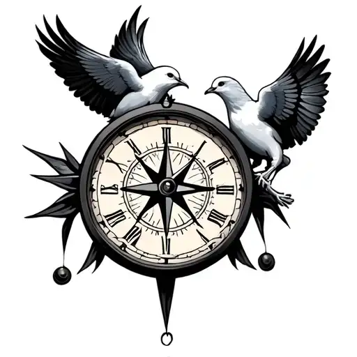 2 Doves Holding A Compass Clock Face