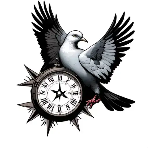 2 Doves Holding A Compass Clock Face