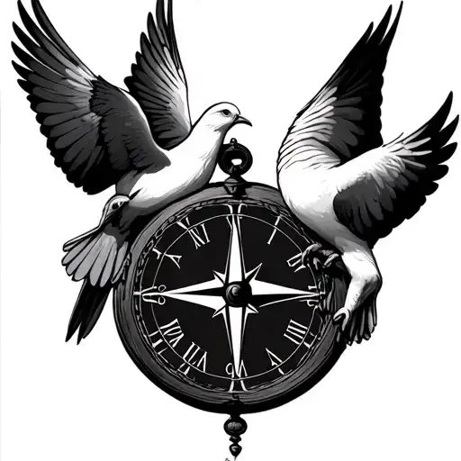 2 Doves Holding A Compass Clock Face
