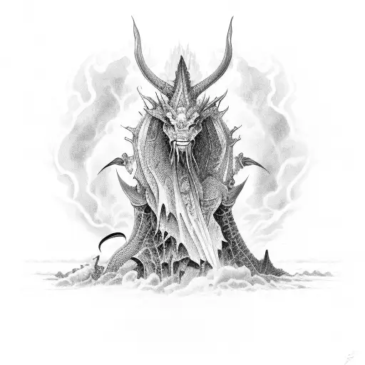 Adragon With Hornes With A Background Of Clouds