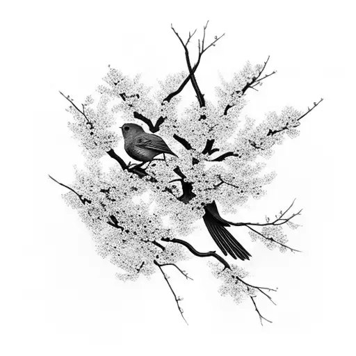 A Small Bird In The Middle Of Cherry Blossoms And Cherries