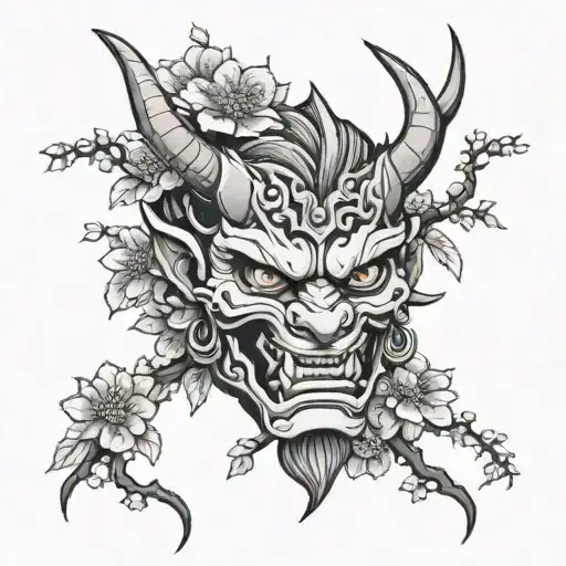 Oni Mask Sakura Tree Intertwined