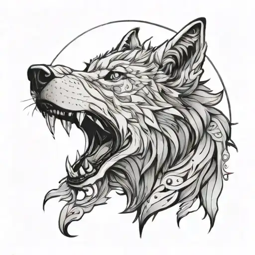 Wolf Messy Line Art Tattoo Sun And Moon Drawingwith Blue Eyes