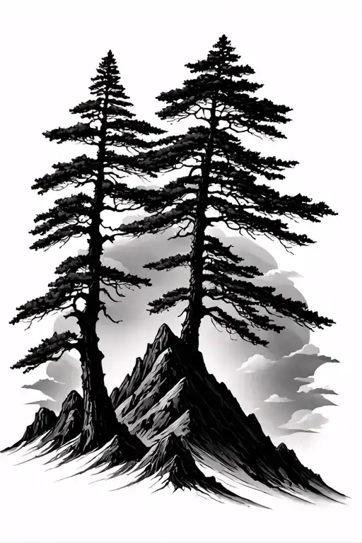 Silhouette Needle Tree And Mountain Peak