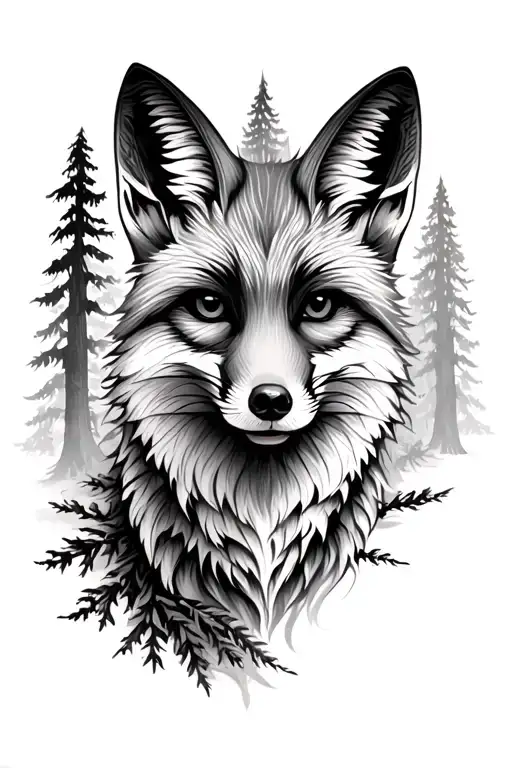 Fox Face Surrounded By Forest In Black And White
