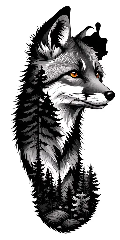 Fox Face Surrounded By Forest In Black And White