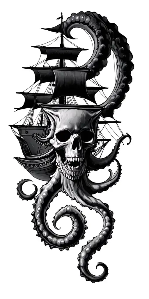 Pirate And Ship Themed Tattoo Featuring The Kraken