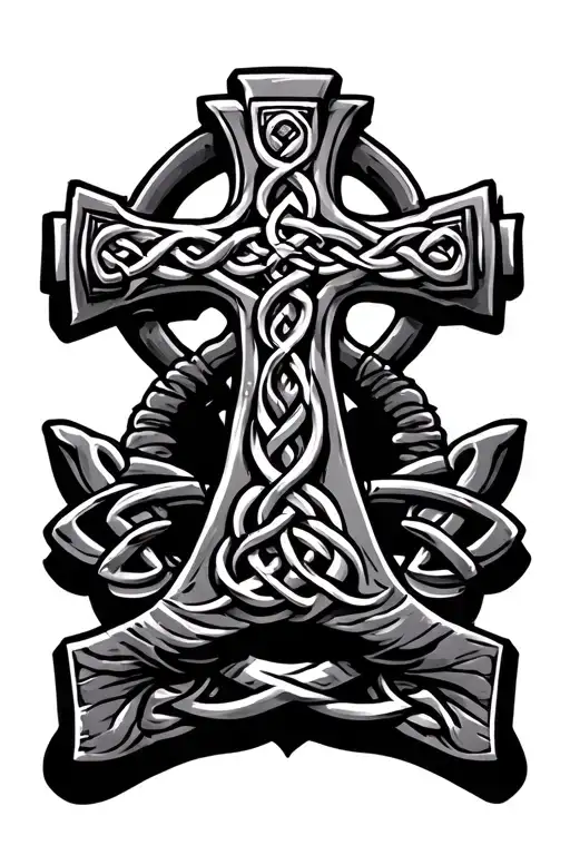 Celtic Cross With Handles Going Around Forearm To Celtic Hammer