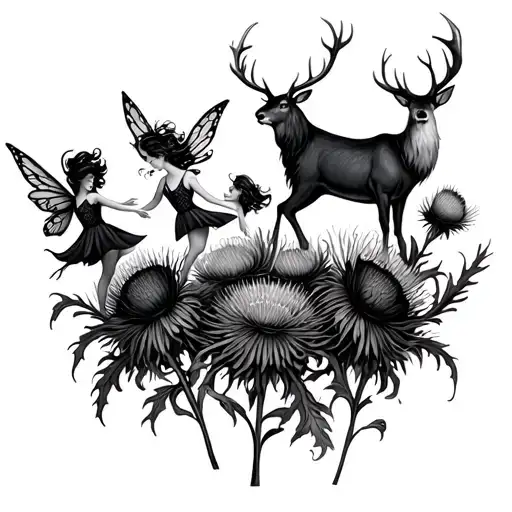 Fairies Dancing Around Giant Scottish Thistles With A Stag Behind Them