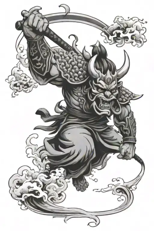 Oni Mask On Samurai Full Body With Sword On Right Side Surrounded By Water