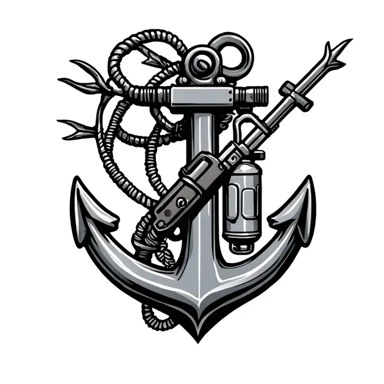 Anchor With Spear Gun And Scuba Tank