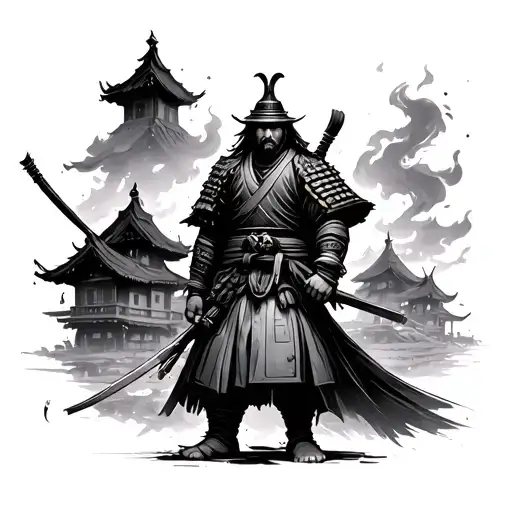 Burning Village And Samurai Standing