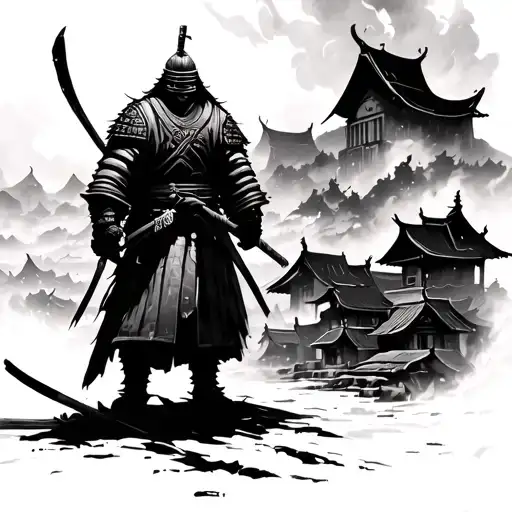 Burning Village And Samurai Standing Create Wider View