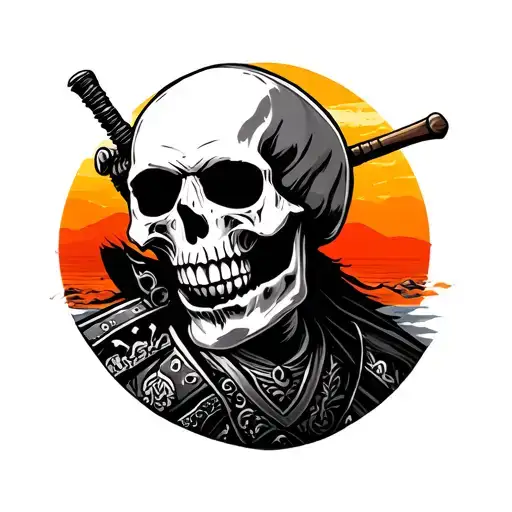 Skull With Sunset And Samurai