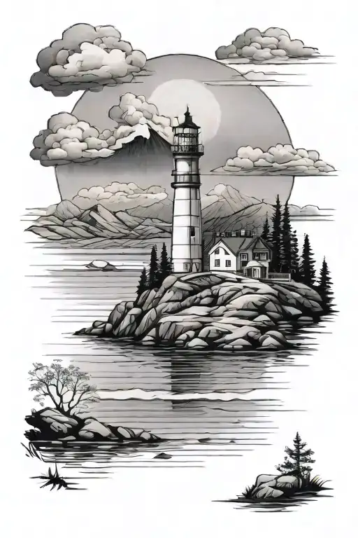 Lighthouse Over Lake Looking Into Mountain Landscape
