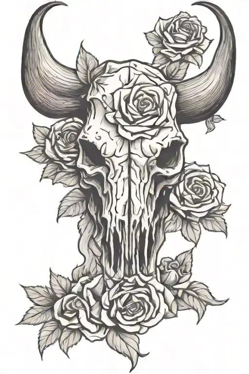Bull Skull Head With Roses Bellow