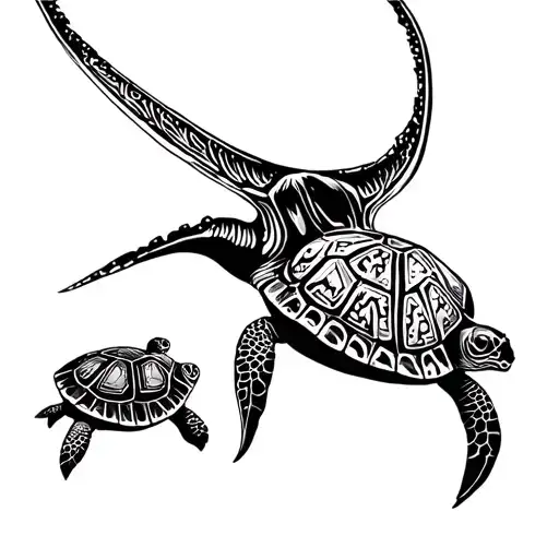 A Manta Line And Two Turtles A Large And A Small In The Polynesian Style