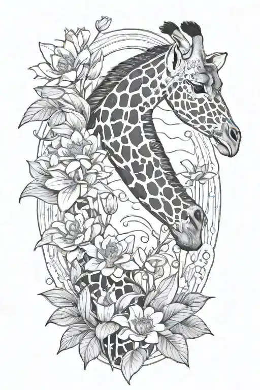 Giraffe With Water Lily And Larkspur Flower Surrounded