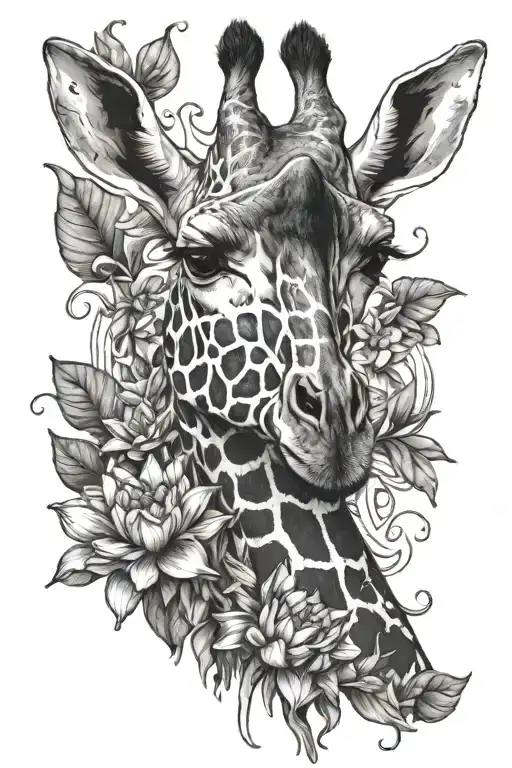 Giraffe With Water Lily And Larkspur Flower Intertwined