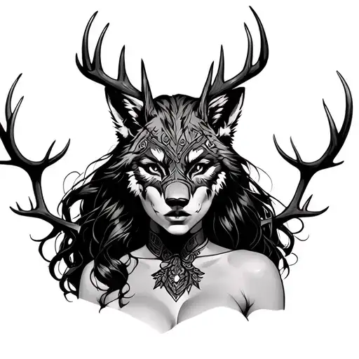 Warrior Woman With A Wolf Mask And Deer Antlers